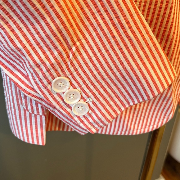 🥑 Talbots Sunshine Seersucker Blazer Orange White | 14 Petite | 100% Cotton - Picture 5 of 12
